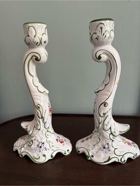 Vintage Portuguese Hand Painted Ceramic Candlestick Holders Pair Rococo